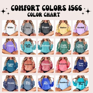 May include: Color chart showing 18 different colors of Comfort Colors 1566 sweatshirts. The colors are displayed on models wearing the sweatshirts. The colors include white, grey, pepper, butter, orchid, violet, chalky mint, seafoam, light green, blue spruce, topaz blue, terracotta, crimson, watermelon, true navy, denim, blue jean, flo blue, chambray, and lagoon blue.