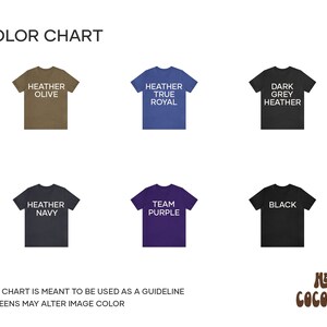 May include: Colour chart displaying various t-shirt colours, including Heather Olive, Heather True Royal, Dark Grey Heather, Heather Navy, Team Purple, and Black. The chart includes the text "*This chart is meant to be used as a guideline *Screens may alter image colour" and a logo that says "Mey Coconut".