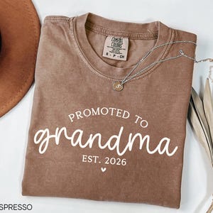 May include: Espresso-colored t-shirt with the text "PROMOTED TO grandma EST. 2026" in white script. A silver necklace with a pendant rests on the shirt. A brown hat and dried plant are in the background. The shirt is a Comfort Colors brand.