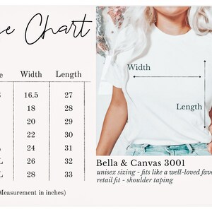 May include: Size chart for a unisex t-shirt, showing width and length measurements in inches for sizes XS to 3XL. Bella + Canvas 3001 unisex sizing - fits like a well-loved favourite retail fit - shoulder taping.