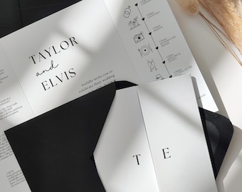 Black and White Modern Minimalist Wedding Theme, Gatefold Invitations with Black Envelopes, Sample Gatefold Invitation, Style 111