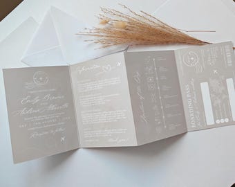 Neutral Concertina Wedding Invitations, Destination Travel Inspired Invites with Passport and Boarding Pass