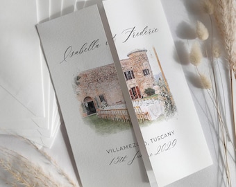 Venue Illustration Wedding Invitations, Venue Sketch Watercolour, Gatefold Wedding Invitations