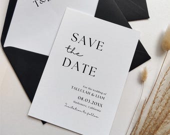 Black and White Save the Dates, Minimalist Wedding Save the Dates with Black Envelopes and Optional Envelope Liners, Style 111