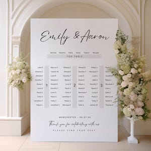 May include: A white wedding seating chart with the names "Emily & Aaron" in elegant script. The chart lists guest names under "Top Table" and includes the date and location, "Manchester - 06.07.XX". Floral arrangements frame the sign.