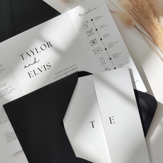 Black and White Modern Minimalist Wedding Theme, Gatefold Invitations with Black Envelopes, Sample Gatefold Invitation, Style 111