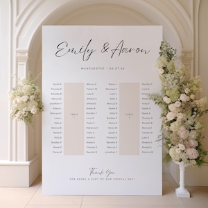 May include: A white wedding seating chart sign featuring the names Emily & Aaron, the location Manchester, and the date 06.07.XX. The sign displays two columns of guest names organized by Table 1 and Table 2, with the text Thank You at the bottom.