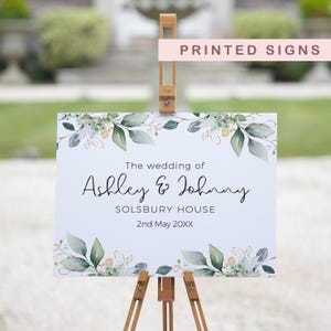Plaque de bienvenue imprimée avec un beau design d&#39;eucalyptus, montée sur Foamex, plaques de bienvenue de mariage verdure,