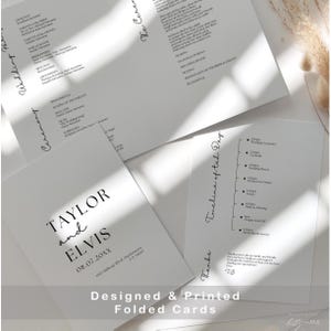 May include: A white wedding invitation with black text. The invitation features the names Taylor and Elvis, the date 08.07.20XX, and the address 110 Hilltop Blvd, Haslemere, CA 14567. The invitation also includes a timeline of the wedding day.