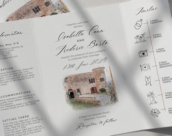 Wedding Venue Sketch Invitations, Watercolour Venue Sketch, Gatefold Wedding Invitations