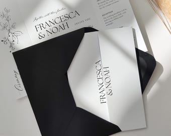Black and White Romantic Wedding Theme, Gatefold Invitations with Black Envelopes, Style 121