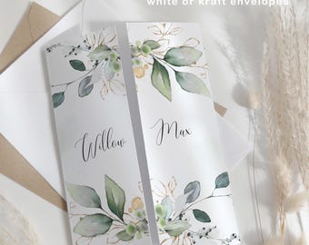 Watercolour Greenery Wedding Invitations, Eucalyptus Gatefold Wedding Invitations, Folded Wedding Invitations, Sample Invitation