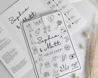 Cute Doodle Invitations, Hand Drawn Wedding Invitations, Printed Gatefold Wedding Invites with Drawings and Doodles, Sample Invitation