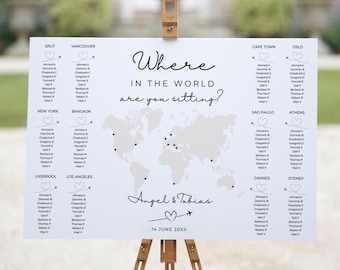 Where in the World are you Sitting Table Plan, World Map Seating Plan, Travel Inspired, Countries or City Table Names, Mounted on Foamex