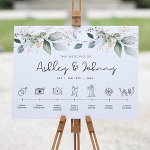 Panneau de bienvenue de la chronologie avec un beau design d&#39;eucalyptus, monté sur Foamex, panneaux de bienvenue de mariage de verdure,