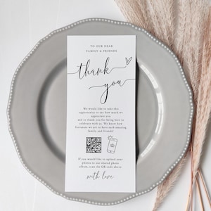 Exemple de mot de remerciement pour la mise en place de la table, demande de devis pour des cartes de remerciement avec votre message, longues cartes de remerciement de mariage pour assiette avec/sans code QR