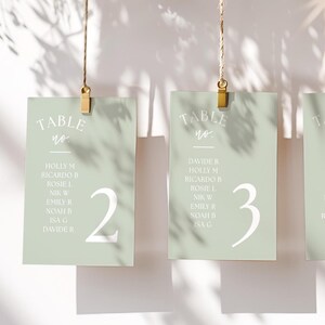 May include: Sage green table number cards with gold clips, featuring white text. The cards display the words "TABLE no." and guest names, with large white numbers. The cards are hanging from a string.