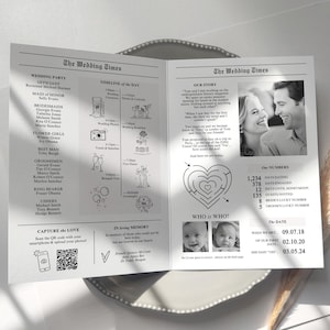 May include: An open wedding program, "The Wedding Times", rests on a plate. It includes wedding party details, a timeline, photos, and a heart-shaped maze. The wedding date is displayed.