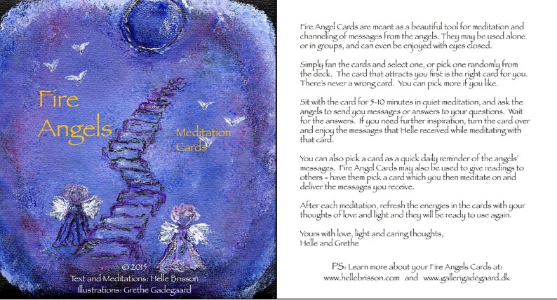 Puede incluir: Un juego de cartas de meditaci&oacute;n Fire Angel con fondo azul y morado. Las cartas muestran una escalera que conduce a una luz brillante. El texto en las cartas dice "Fire Angels Meditation Cards".