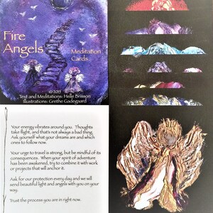 Puede incluir: Una carta de meditaci&oacute;n con un fondo morado y una escalera que conduce a un &aacute;ngel dorado. La carta tiene el texto "Fire Angels" y "Meditation Cards".