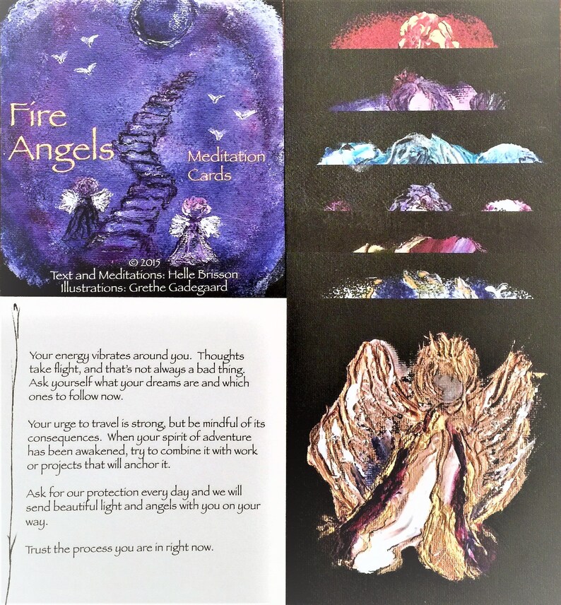 Puede incluir: Una carta de meditaci&oacute;n con un fondo morado y una escalera que conduce a un &aacute;ngel dorado. La carta tiene el texto "Fire Angels" y "Meditation Cards".