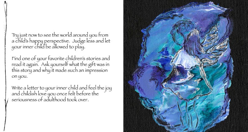 Puede incluir: Una pintura abstracta azul y morada con una figura de una persona con alas. El texto en el lado izquierdo de la imagen dice: "Intenta ahora ver el mundo a tu alrededor desde la perspectiva de un ni&ntilde;o feliz. Juzga menos y deja que tu ni&ntilde;o interior juegue. Encuentra una de tus historias infantiles favoritas y l&eacute;ela de nuevo. Preg&uacute;ntate cu&aacute;l fue el regalo en esta historia y por qu&eacute; te caus&oacute; tal impresi&oacute;n. Escribe una carta a tu ni&ntilde;o interior y siente la alegr&iacute;a y el amor infantil que sentiste antes de que la seriedad de la adultez se hiciera cargo."