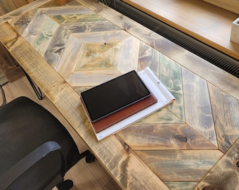 Desk with Chevron Pattern Herringbone Wood Table | Chevron Design and Hairpin Legs - Unique and Contemporary Design