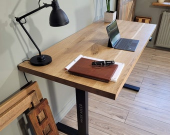 Sit Stand Oak Wood Desk 35-40mm Thick! | Adjustable Desk | Laptop Stand | | Electric Standing Desk | Office Desk | Modern Desk | Wood Desk