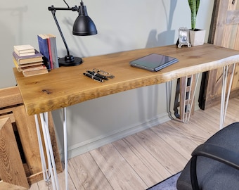Monolith Desk with Living Edge - Desk Made of One Piece of Wood + Hairpin Legs for Home Office, Computer desk, Industrial desk, Bureau