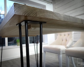 Banc pour table à manger en chêne en bois récupéré, bureau industriel ou table de conférence en chêne massif, pieds en épingle à cheveux en métal, bois 100% chêne