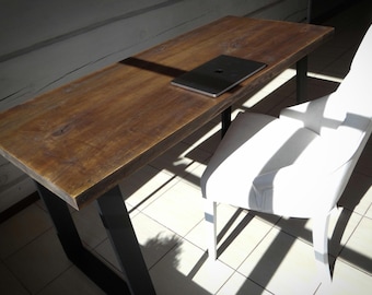 Schreibtischtisch, 75 cm tief, Trapezbeine aus Massivholz, Metallbeine, Schreibtisch aus Altholzmöbeln, Industrie-Schreibtisch, Esstisch aus Altholz