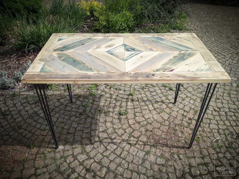 Table Desk >> Chevron Pattern << Reclaimed Wood, Handmade Console, Hairpin Legs, Solid Wood - Finished through OSMO oil image 1