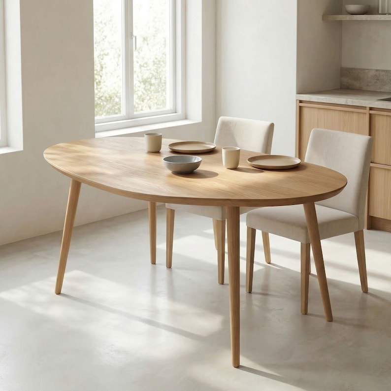 May include: An oval wooden dining table with four angled legs, set with plates, bowls, and cups. Two upholstered chairs with light-colored fabric are positioned around the table. The room has a neutral color palette with natural light.