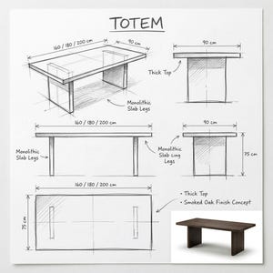 technical sketch of oak dining table with dimensions 160 180 200 cm length and 90 cm depth