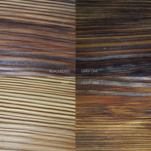 May include: Four wood samples showing different wood stain colors. The top left sample is stained "Blackberry", the top right sample is stained "Dark Oak", the bottom left sample is stained "Raw", and the bottom right sample is stained "Light Oak".