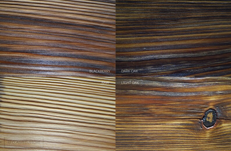 May include: Four wood samples showing different wood stain colors. The top left sample is stained "Blackberry", the top right sample is stained "Dark Oak", the bottom left sample is stained "Raw", and the bottom right sample is stained "Light Oak".
