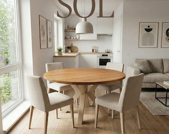 SOL - Round Dining Table | Solid Polish Alder Wood | Heavy Duty Spider Steel Base | Custom Size 90-150cm | Seats 2-8 | Handmade Scandinavian
