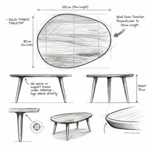 May include: A sketch of a solid timber tabletop with a maximum length of 100 cm and a maximum width of 80 cm. The height of the table is 75 cm. The wood grain direction is perpendicular to the 100 cm length. The legs attach directly to the tabletop.