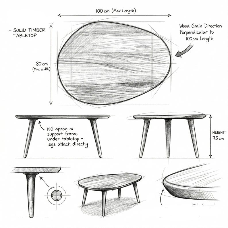 May include: A sketch of a solid timber tabletop with a maximum length of 100 cm and a maximum width of 80 cm. The height of the table is 75 cm. The wood grain direction is perpendicular to the 100 cm length. The legs attach directly to the tabletop.