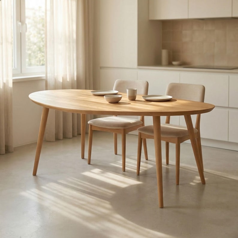 May include: An oval wooden dining table with four matching chairs. The table is light brown and has a smooth surface. The chairs have beige upholstered seats and backs. Dishes and a mug are on the table.