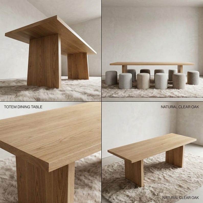 sculptural oak dining table shown in multiple views highlighting design, material and proportions
