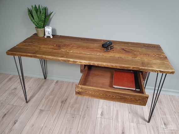 Bureau avec rangements 2 tiroirs industriel en bois massif et