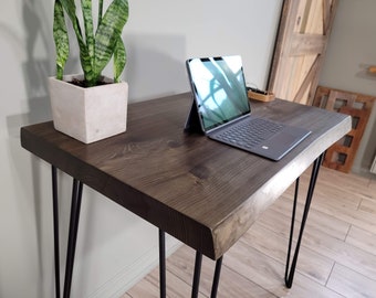 Rustic Live Edge Desk - Compact Handcrafted Wood Table with Hairpin Legs