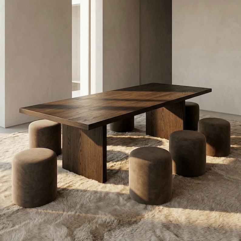 large solid oak dining table with thick top and slab legs viewed from low angle in minimalist interior