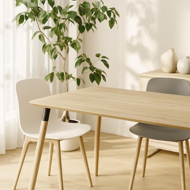 Food-safe matte varnish on oak table surface - Scratch-resistant finish - Easy to clean while preserving wood texture