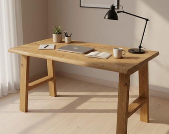 Rustic Solid Oak Desk with Live Edge and Wooden A-Shaped Legs - Handcrafted Beauty for Your Home Office
