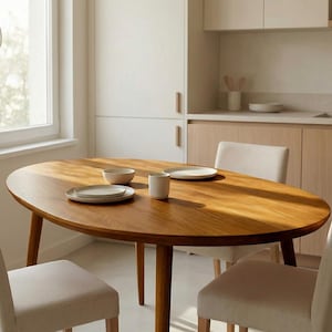 May include: An oval wooden dining table with four legs, set with white plates, a bowl, and a mug. Two chairs are positioned around the table. The kitchen has white cabinets and a window.