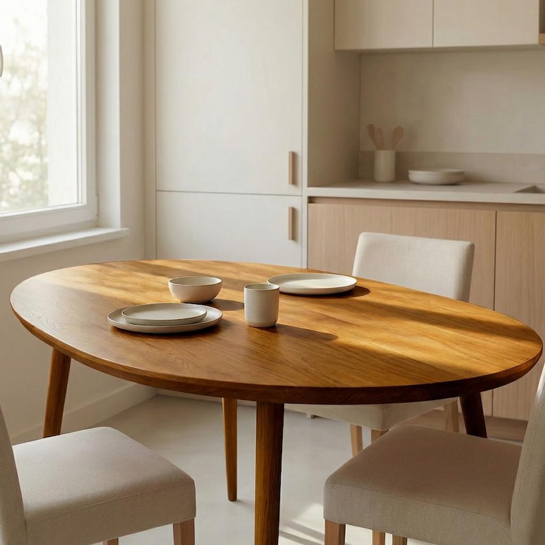 May include: An oval wooden dining table with four legs, set with white plates, a bowl, and a mug. Two chairs are positioned around the table. The kitchen has white cabinets and a window.