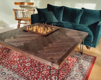 Wood Coffee Table with Herringbone Chevron Design and Hairpin Legs - Handmade Living Room Decor