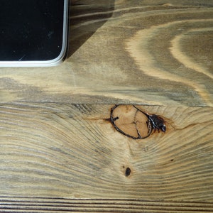 May include: Close-up of a light brown wooden surface with a knot in the center. The wood has a natural grain pattern and is slightly weathered.
